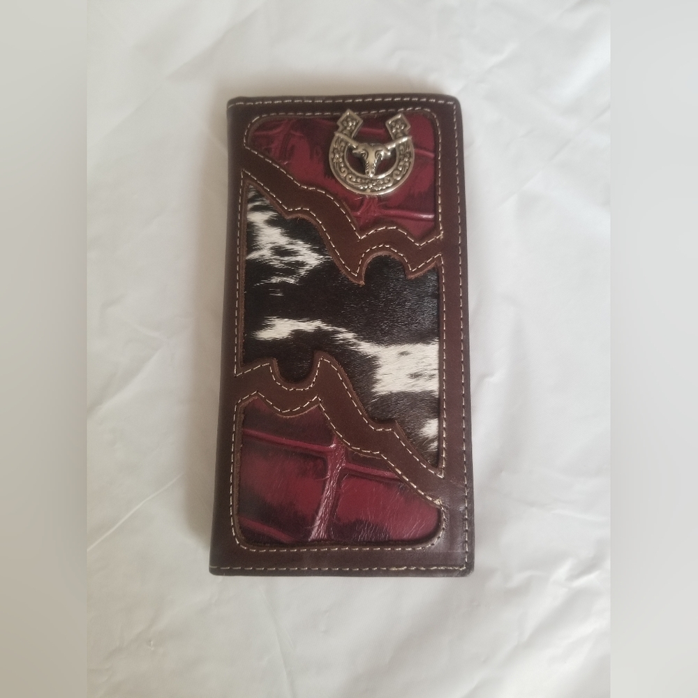 Western Genuine Leather CowHide Cow Fur Rodeo Men's Long Bi-fold Wallet NWOT